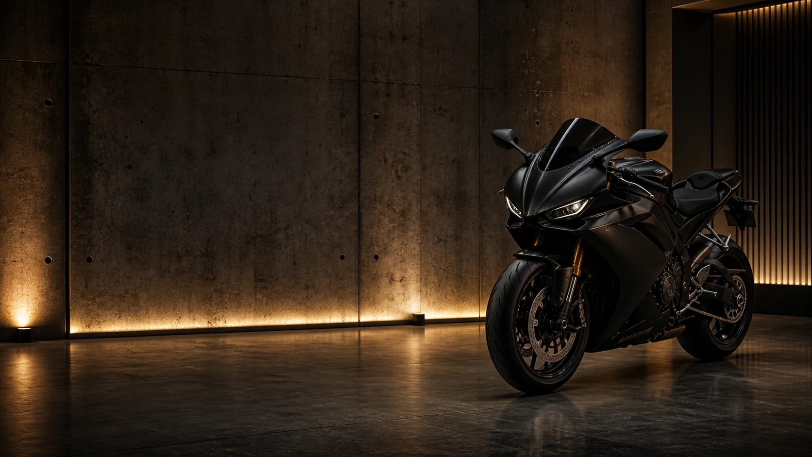 Black premium superbike inside a warm private concrete vault